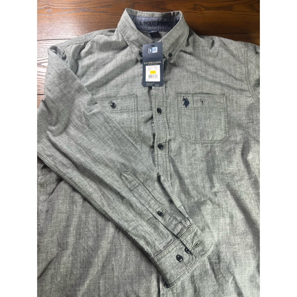 NEW U.S. Polo Assn. Button Down Mens Size Medium Gray Green Long Sleeve Cotton